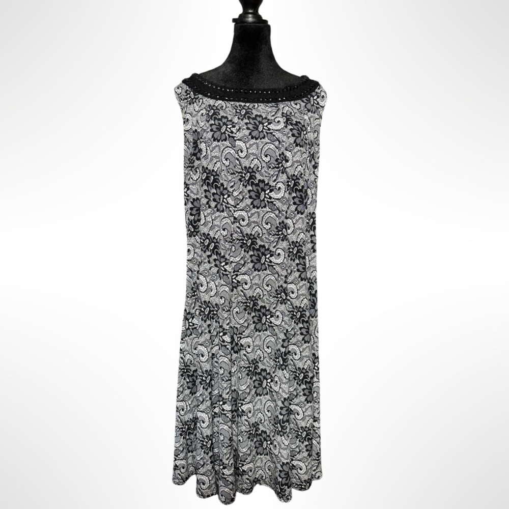 Vintage Beaded Floral Paisley Black / White Maxi Dress Size 16W